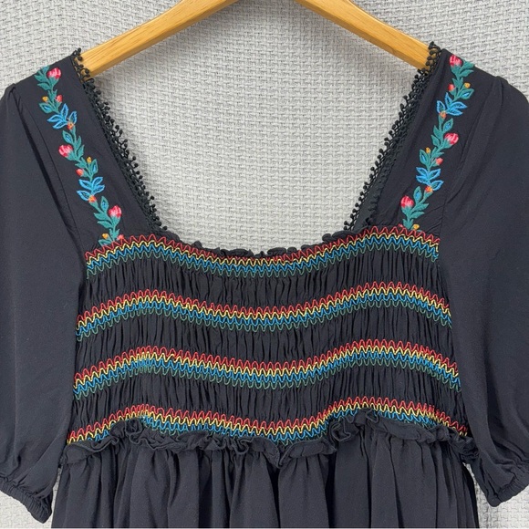 Savanna Jane Floral Embroidered Dress Black/Multicolor Peasant Boho Rainbow Sz S - Picture 7 of 9